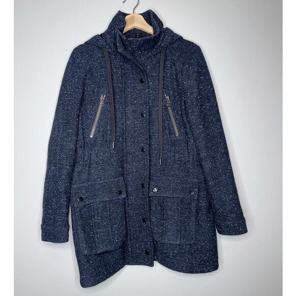 Veronica Beard Tawny Wool Blend Hooded Parka/Coat Navy Blue Tweed Size Small - Picture 3 of 10